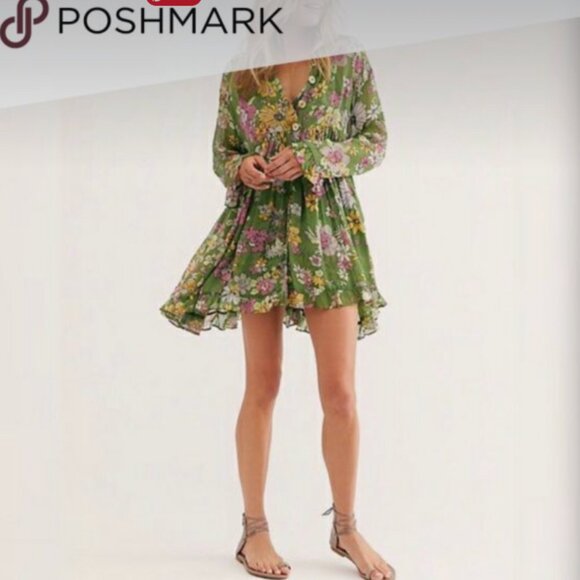 Free People "Everything and More" Green 2 piece floral shift dress/tunic L - Picture 3 of 9